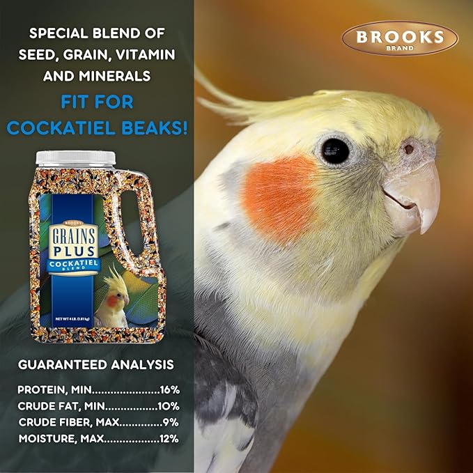 Brooks Brand Grains Plus Cockatiel Blend, Bird Food Cockatiel Bird Seed Mix, Alimento para Pajaritos, 7 lb Jug