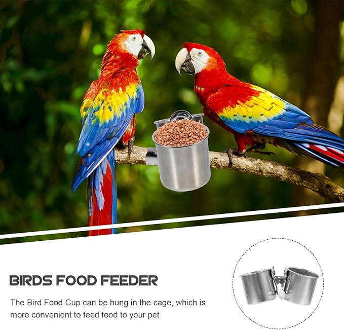 POPETPOP 2 Pcs Bird Parrot Feeding Double Cups with Clip - Stainless Steel Bird Bowls for Cage, Food Feeder Cups Hanging Bowl for Cage Stand Accessories