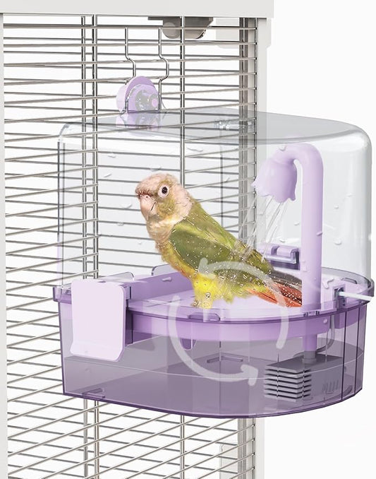 Automatic Bird Baths for Cage – Indoor Parakeet Bath with Pump, Bird Shower with 2 Modes Running Water, Bird Cage Accessory for Pet Birds Conure Budgies Cockatiels Lovebird (Purple)