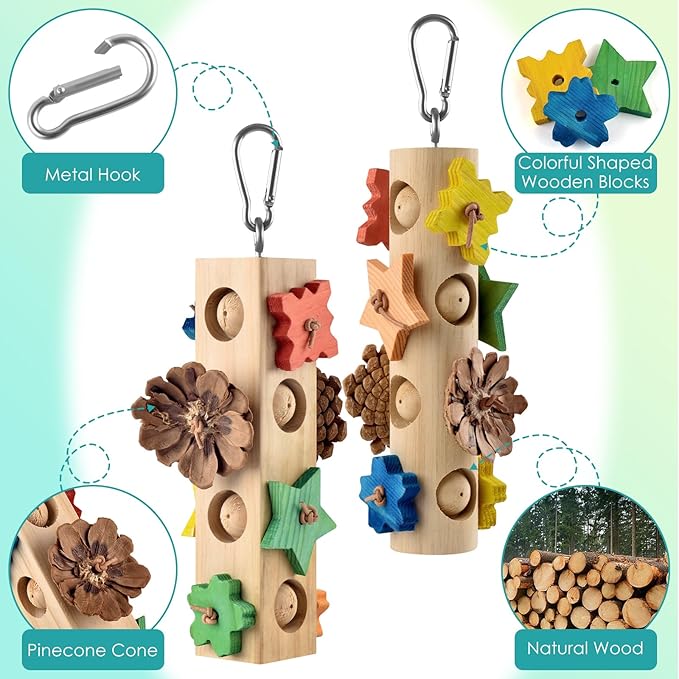 DBNESS Bird Toys for Parrot, 2 Pcs Hanging Colorful Wood Blocks Pine Cones Parakeet Chew Foraging Toy for Beak-Grinding, Cage Accessories for Small to Medium Budgies, Cockatiels, Caiques, Conures