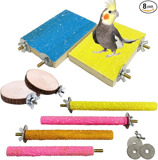 Hamiledyi 8 PCS Bird Perch Stand Toy Wood Parrot Paw Grinding Stick Perch Stand Platform Parakeet Cage Accessories Exercise Toys for Budgies Cockatiel Conure