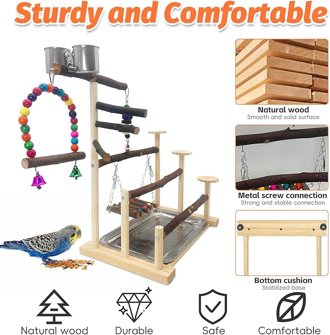 Kathson Wood Bird Playground Parrot Play Stand Bird Stand with Feeder Cups Birds Perch Stand with Ladder Hanging Swing Chewing Toys Conure Cage Accessories for Parakeet Conure Lovebird Cockatiel