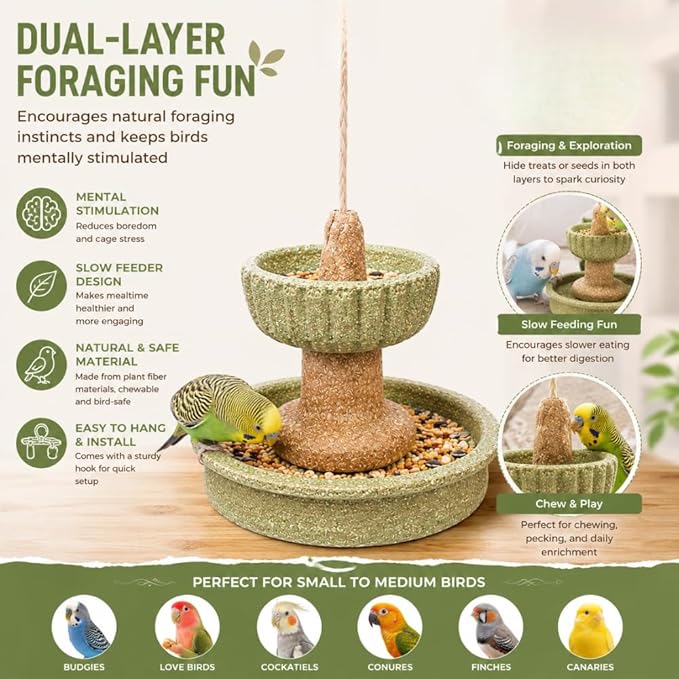 Bird Double-Layer Slow Feeder Toy, Hanging Bird Foraging Toy & Chew Toy, Wishing Well Bird Feeder Toy for Parakeets Budgies Cockatiels Conures Lovebirds, Small to Medium Birds, 7.9 x 7.9 x 9.8 in