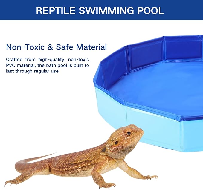 Bearded Dragon Bath Set - Foldable Bathtub with Towel & Nail Clippers Reptile Swimming Pool Lizard Accessories for Geckos Tortoises Ferret Small Animal Grooming Kit (Blue, 19.7 inch)