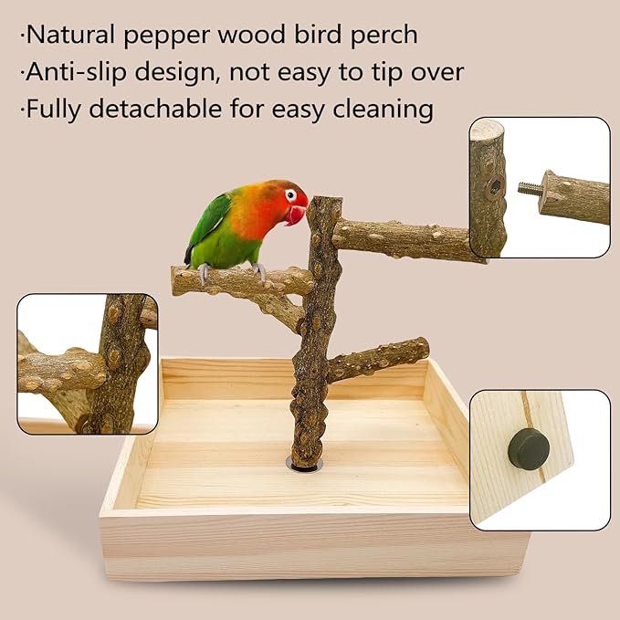 Hamiledyi Bird Perch Stand Playground Parrot Playground Tabletop Natural Wooden Perch PlayStand Platform Toys for Parrots Parakeets Lovebirds Canaries Cockatiels Conure
