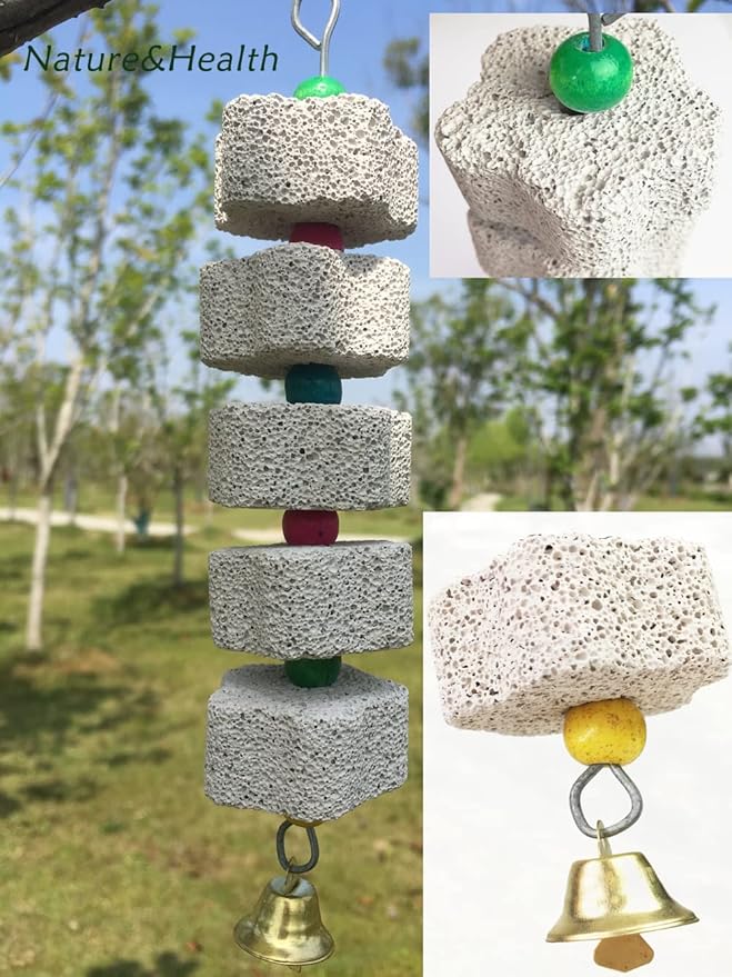 2Pcs Parrot Chewing Toy, Bird Beak Grinding Stone Toys with Bell, Lava Block Calcium Supplement Food for African Greys Amazon Conure Eclectus Budgies Parakeet Cockatiel Hamster Chinchilla