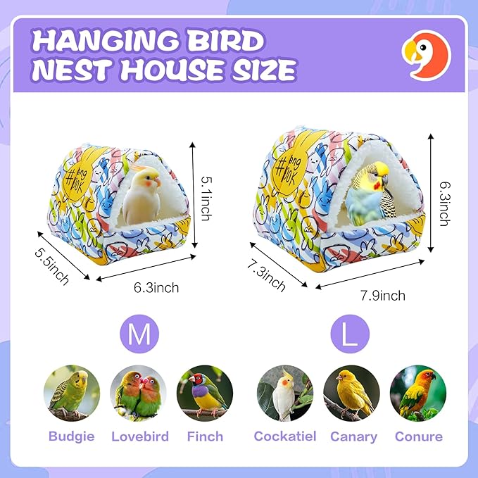 SUSOO Plush Warm Bird Bed - Hanging Bird Nest Snuggle Velvet Shed Tent Cage Fluffy Hut Winter Sleeping Hideaway Hammock House for Parrot Parakeet Conure Cockatiel Budgies Lovebird (Colorful, L)