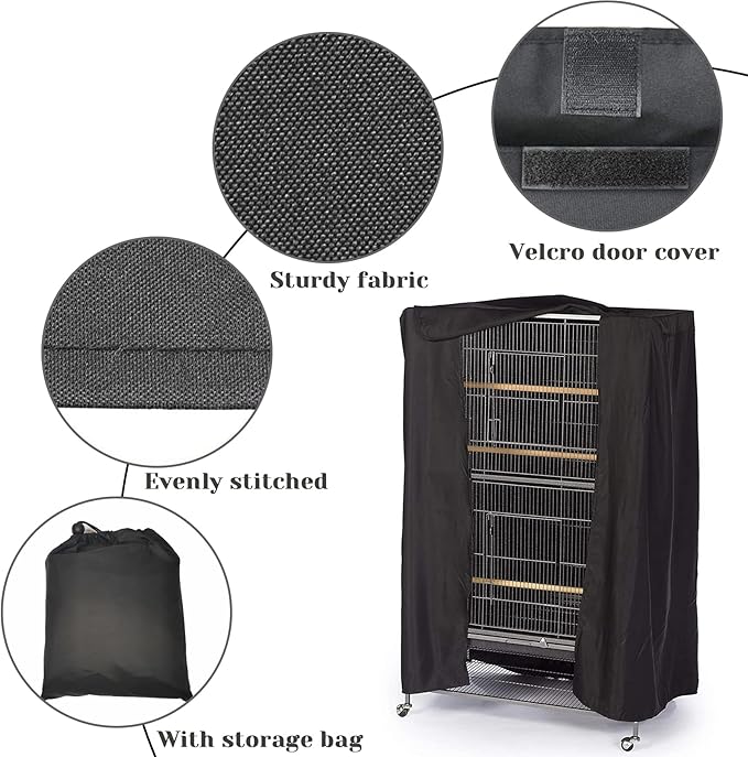 Fhiny Bird Cage Cover, 33.8”L×24”W×46.8”H Water-Proof Good Night Black-Out Birdcage Cover Durable Washable Windproof Cage Accessories for Parrot Parakeet Small Animal Sleeping