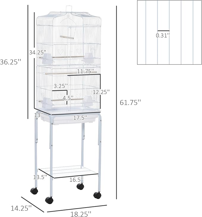 PawHut 60" Metal Indoor Bird Cage Starter Kit With Detachable Rolling Stand, Storage Basket, And Accessories, White