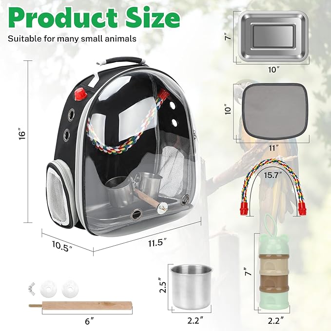 Rypet Bird Carrier Backpack Parrot Portable Breathable Bag Pet Bird Lightweight Travel Cage with Standing Perch and Stainless Steel Tray（Black）