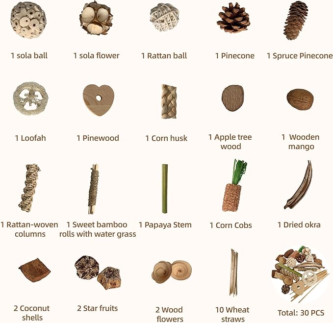 Wooden Foraging Box for Cage with 30PCS Natural Foraging & Chew Parrot Toy for Parakeets, Cockatiels, Conures & Lovebirds and Other Small to Medium Birds