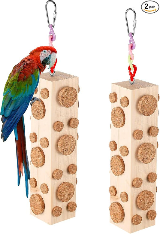 Skyygemm 2 Pcs Bird Parrot Chew Toys Wooden Foraging Hanging for Birds Parrots Cork Stopper Toys Cage Woodpecker Feeding Toy for Macaws, Small Parakeets Conure Budgies Finches Cockatiel