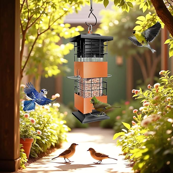 Squirrel Proof Bird Feeder, 3Lbs Metal Anti-Squirrel Bird Feeders for Outdoors, Weight-Activated Perches Hanging Wild Birdfeeder for Blue Jay, Cardinal (Brown)