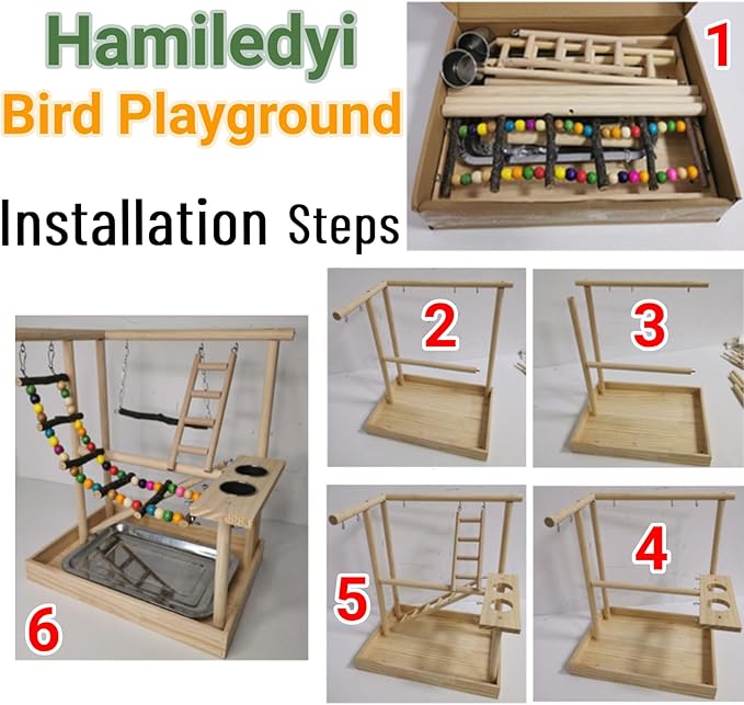 Hamiledyi Parrots Playground Bird Play Gym Wood Perch Stand Colours Climb Ladders Swing Chewing Toys with Parakeet Feeding Cups Exercise Activity Center for Conure Cockatiel Lovebirds(Include a Tray)