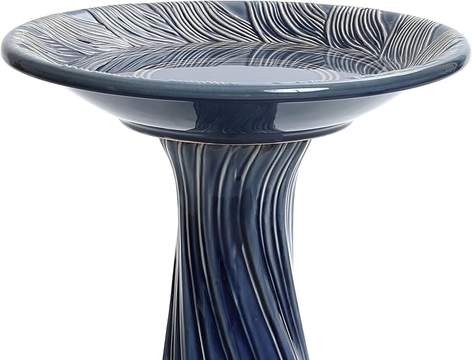 LuxenHome 22 Inch Ceramic Bird Bath for Outside, Elegant Tall Outdoor Bird Bath, Lightweight Pedestal Glazed Birdbaths for Outdoors with Leaves and Swirl Pattern, Blue