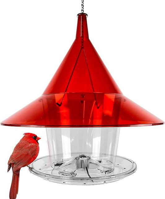 Sky Cafe Squirrel Proof Bird Feeder for Outside - Very Large, 17 in. Diameter, 1.5 Gallon Birdseed Capacity - Made in USA (Ruby Red) - Free Squirrel Mug