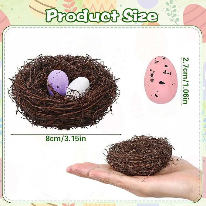 PETKNOWS Easter Artificial Bird Nest with Eggs for Crafts, 6Pcs Artificial Rattan Birds Nest with 12Pcs Foam Easter Eggs Small Faux Bird Nest Decor for Spring Tree Ornaments Garden Yard Home Decor