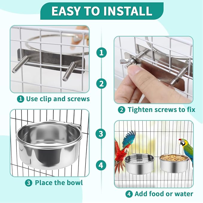 2 Pcs Bird Feeder Bowls with 2 Pcs Food Holder for Cage, Parrot Food Water Bowls and Fruit Skewer Foraging Toy, Stainless Steel Bird Feeding Dish Cups for Small Animals (Silvery, 4 Pcs)
