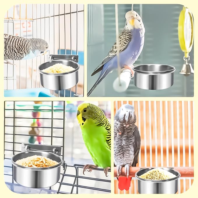 3 Pack Bird Feeding Bowls Cups Parrot Food Water Dishes, Stainless Steel Bird Bowl Cup Dish with Clamp, Birdcage Feeder Pet Cage Bowls for Parrot Cockatiel Budgie Conure Parakeet Small Animal