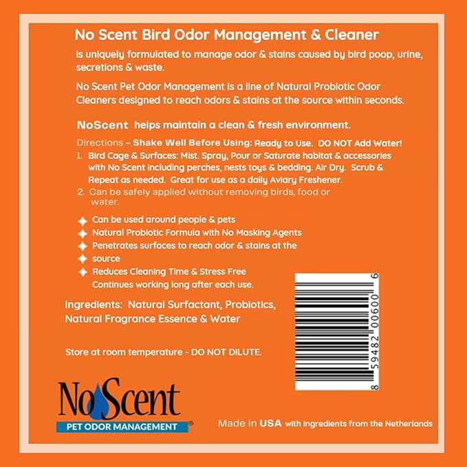 No Scent Bird Cage Cleaner Spray & Pet Odor Management, Natural Aviary Freshener (2 Fl Oz / 59 mL)