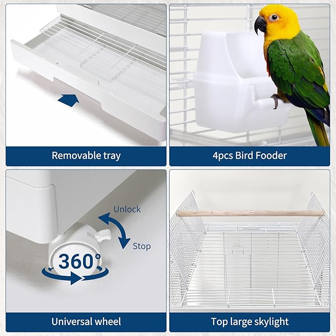 Garvee Small Bird Cage with Playground Stand, 44in White Travel Bird Cage for Parrot, 2-Level Acrylic Parrot Carrier for Medium Small Bird