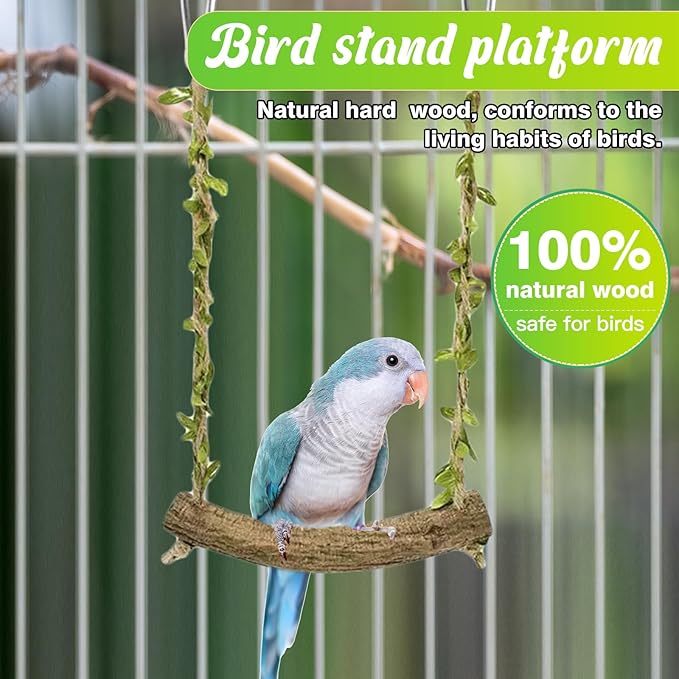 Natural Wood Bird Swing Perch with Decorative Leaves - 7.1" Durable Bird Stand Platform Toy for Cage, Hanging Budgie Parakeet Hammock Accessories for Lovebirds, Cockatiels, Conures, Finches