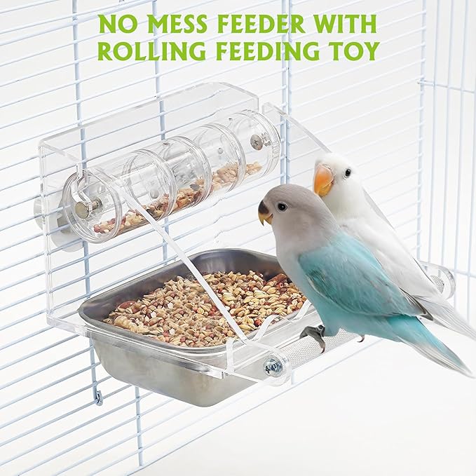 BNOSDM Bird Feeder for Cage with Rotating Foraging Toy No Mess Acrylic Hanging Food & Water Dispenser with Stainless Steel Bowl & Anti-Slip Perch Stand for Parrot, Budgie, Parakeet, Lovebird, Canary