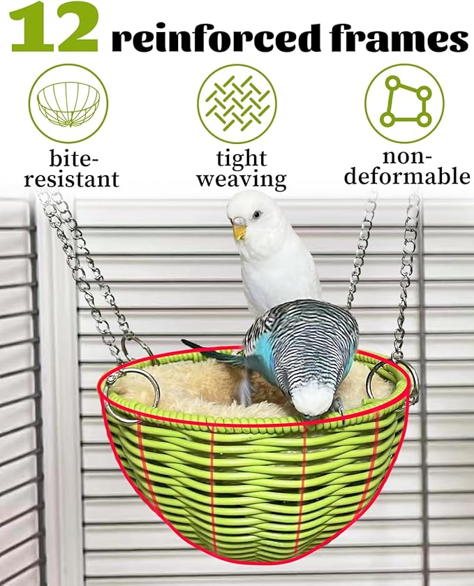 Bite-Proof Bird Nest for Cage with Removable Pad for All Seasons, Wide View Parakeet Nest for Nesting & Egg-Laying, Finch Nests Safe Small Bird Hammock for Cage for Lovebird Canary Budgie (Green)