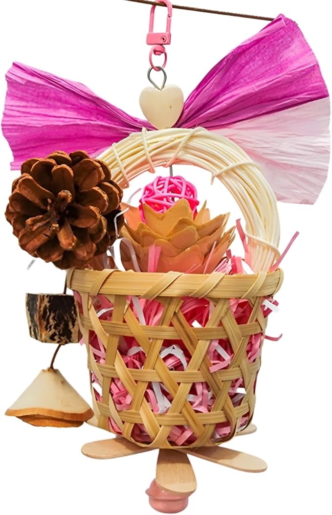 Bird Toys Foraging Shredder Hanging Toys Rope Perch with Bell Parakeet Toy Parrot Swing Climbing Standing Toys Bird Cage Accessories for Conure Cockatiel Budgies Lovebird, Pink