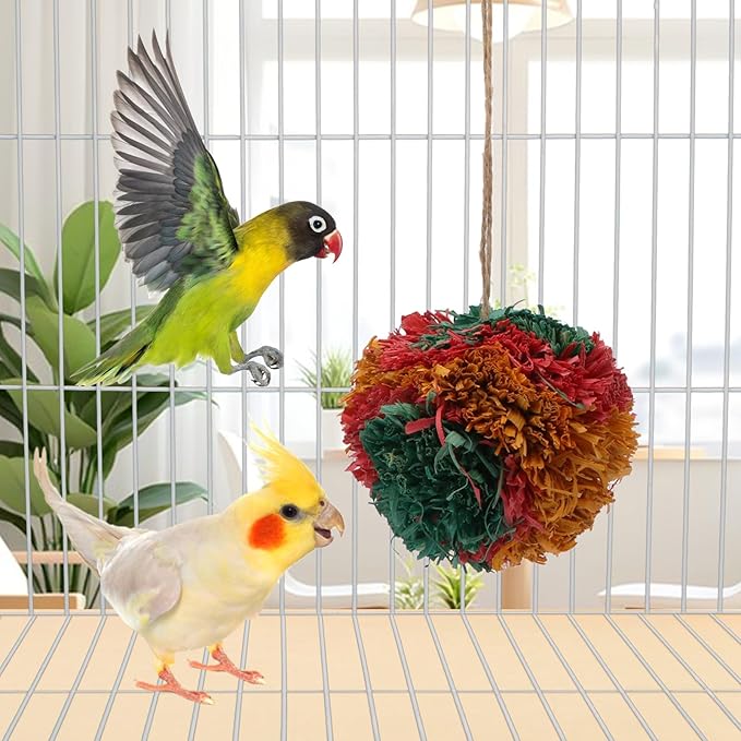 Hypeety 4” Colorful Shredding Ball Bird Toys for Parrots Funny Crinkles Foraging Toys for Birds Easy to Hang Natural Shredder Ball Chew Toys for Cockatiels Conures Parakeets Budgies (1 Pack)