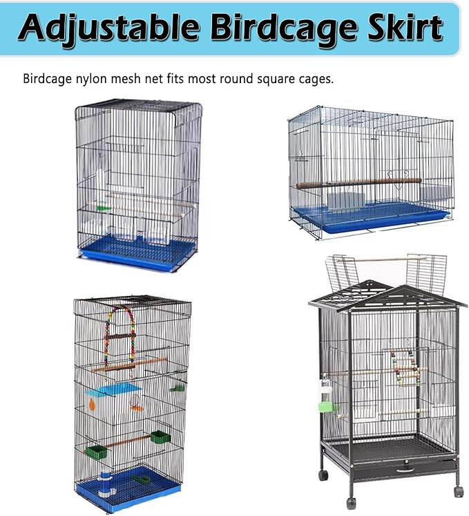 ASOCEA Large Bird Cage Seed Cather,Bird Cage Cover Adjustable Soft Airy Skirt Guard Birdcage Nylon Mesh Net for Parrot Parakeet Macaw African Round Square Cages Cover (78.5 * 27.6in-Black)