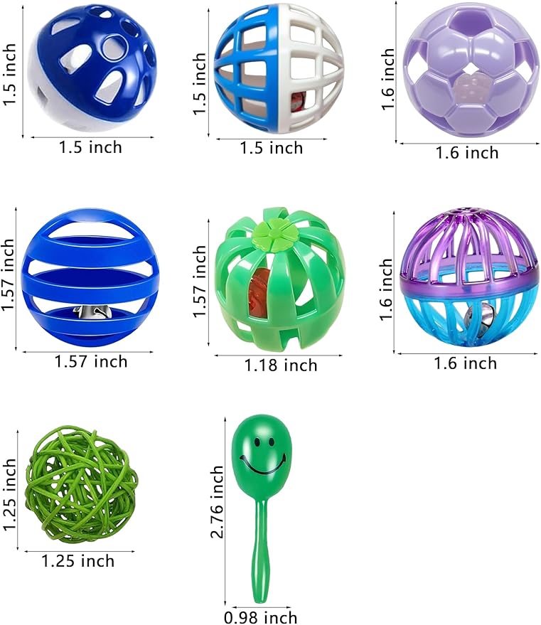 Bird Toys for Parrots & Parakeets - 12 Pack Colorful Bell Balls - Safe Chew, Foot & Activity Toys for Small & Large Birds (1.6'' - 2.8'')