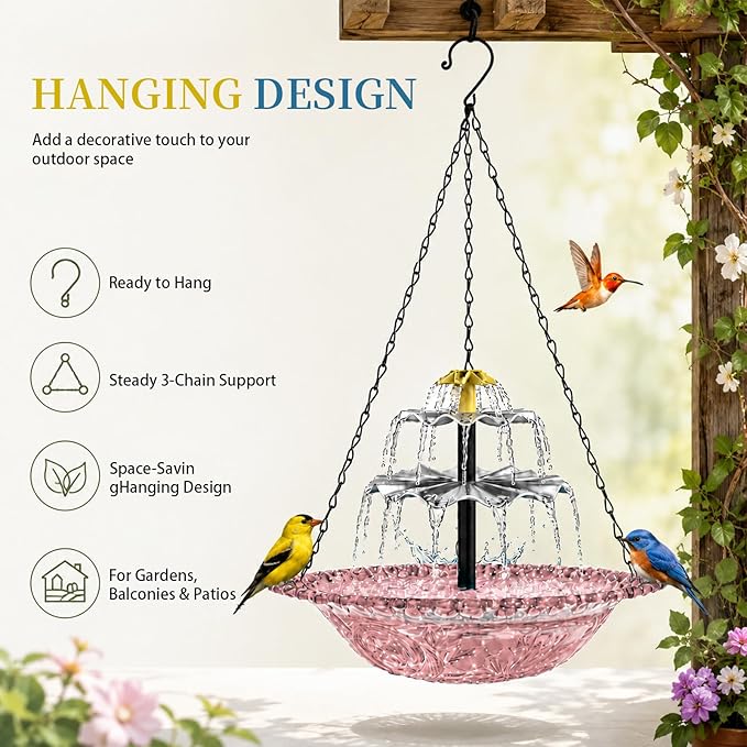 Solar Cascade Hanging Bird Bath Fountain, Large Plastic Bowl with Hanging Chain for Outside Garden Patio and Yard Decor (Pink)