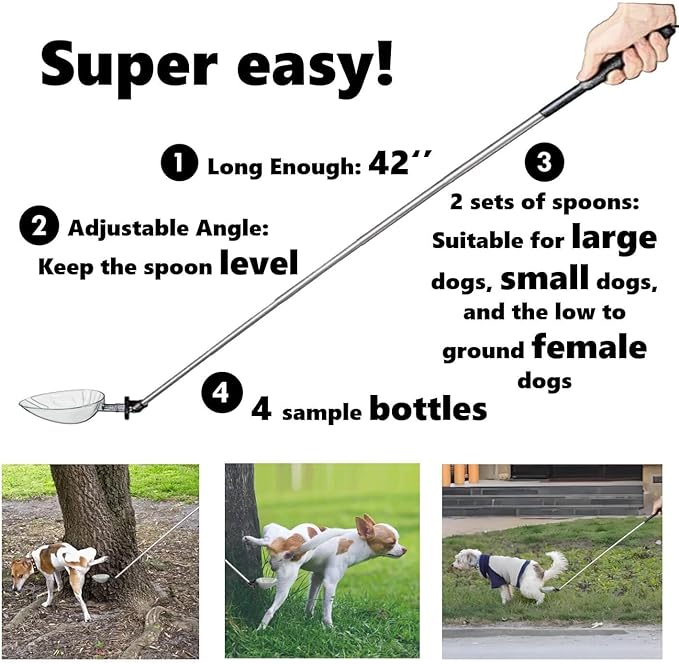 Dog Urine Sample Catcher，Telescopic Dog Pee Sample Collector，Pet Urine Stick for Small Large Female Dogs (Grayspoon&4bottles)