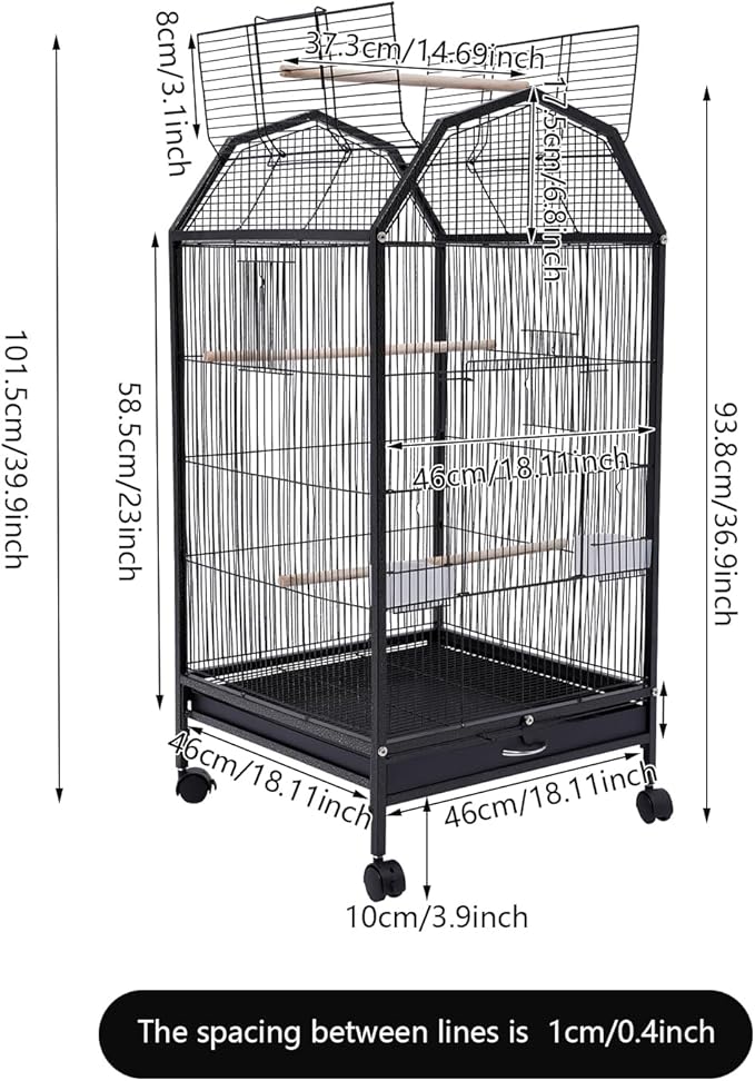 40 Inch Wrought Iron Bird Cage with Rolling Stand Metal 360 Degree View Spacious Interactive Roof Durable and Rustproof for Parrots Finches Lovebirds Budgie Canaries Macaw