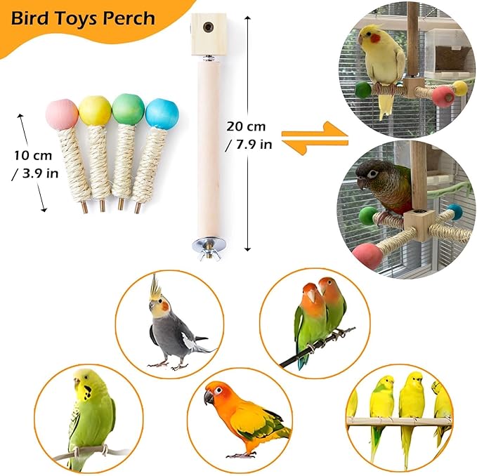 Bird Stand Perch Toy, Interactive Spinning Parakeet Toys, Wooden Exercise Wheel Parrot Toy, Enrichment Cockatiel Toy for Birds Cage, Bird Cage Accessories Perch Toys for Budgies (Small)