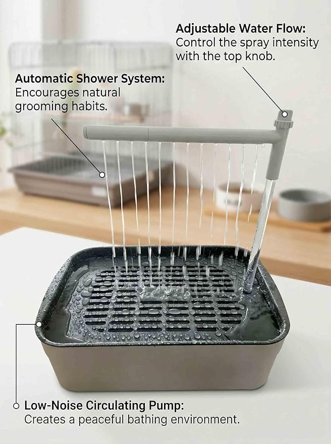 Automatic Parakeet Bird Bath with Pump,Adjustable Water Flow & Parrot Shower,USB Powered Bird Fountain Bathtub for Cage,Quiet Circulating Water System for Budgie,Lovebird (S)