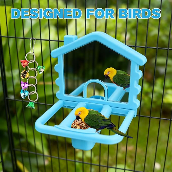 3 in 1 Bird Mirror with Perch Stand,Parrot Mirror for Cage,Bird Swing Toys for Cockatiels,Lovebirds,Conures,Parakeets-Helps Birds Release Stress (Blue)