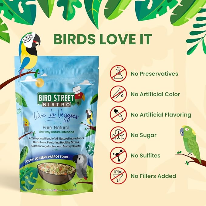 Bird Street Bistro Parrot Food - Parakeet & Cockatiel Food - Cooks in 3-15 min with Natural Grains, Legumes, Non-GMO Fruits, Vegetables & Health-Oriented Spices