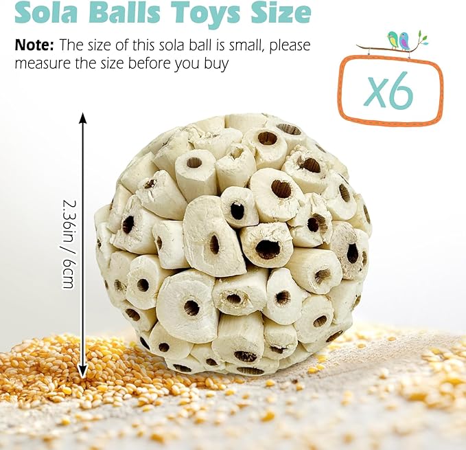 PINVNBY 6 Pack Small Sola Balls Bird Toys Soft & Chewable Bird Chew Ball 2.36" Natural Sola Plant Lightweight Shred Toy for Parakeet Cockatiel Lovebird Budgie and Similar Sizes Pets
