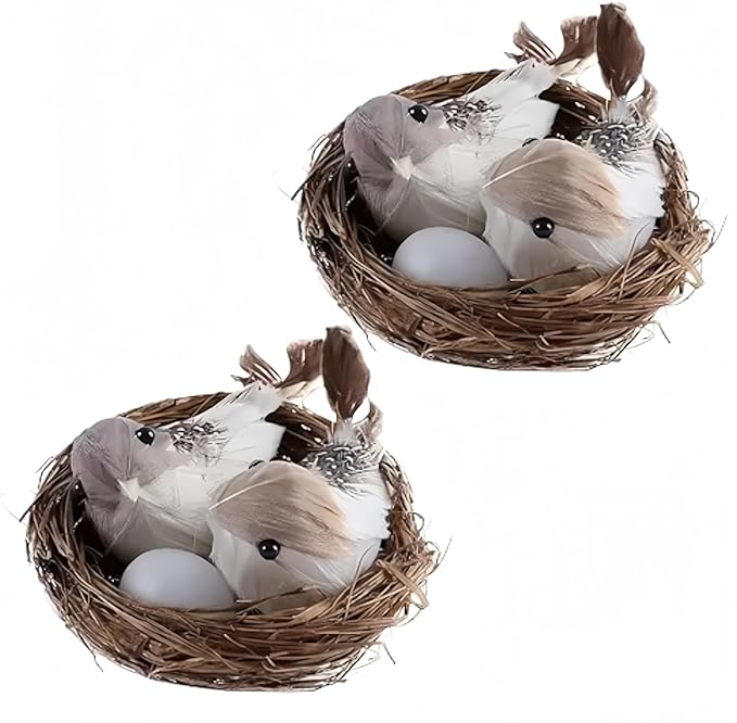 GANPUB 2Pcs Simulation Bird Nest with Bird and Eggs Decor, Fake Foam Feather Birds, Artificial Birds, for DIY Craft Tree Decoration