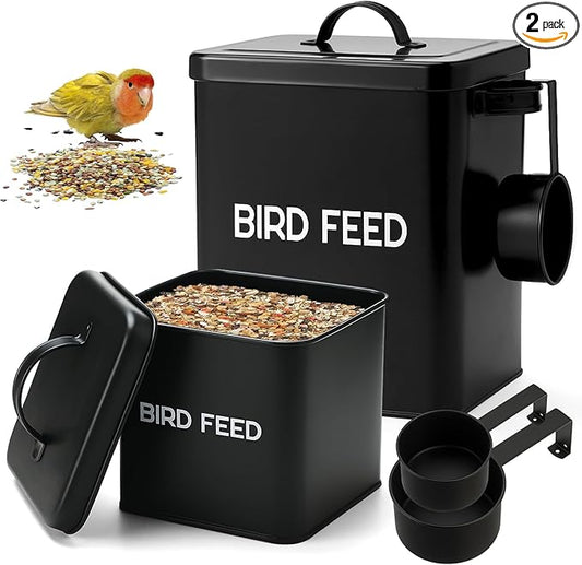 Reallnaive 2 Pcs Metal Bird Seed Container with Scoop, Bird Feed Storage Container with Fitted Lid, Farmhouse Style Ideal Gift for Birds and Pet Owners(Black)