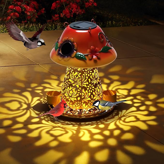 Mushroom Solar Bird Feeders for Outdoors Hanging Metal Wild Bird Feeder with S Hook for Garden Decoration Orange