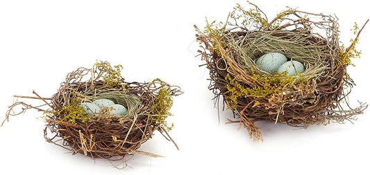The Bridge Collection Faux Decorative Bird's Egg Nest - Cute Bird Nest with Eggs Tabletop Decoration for Spring, Summer, Everyday Home Decor (Robin's Eggs - Set of 2)