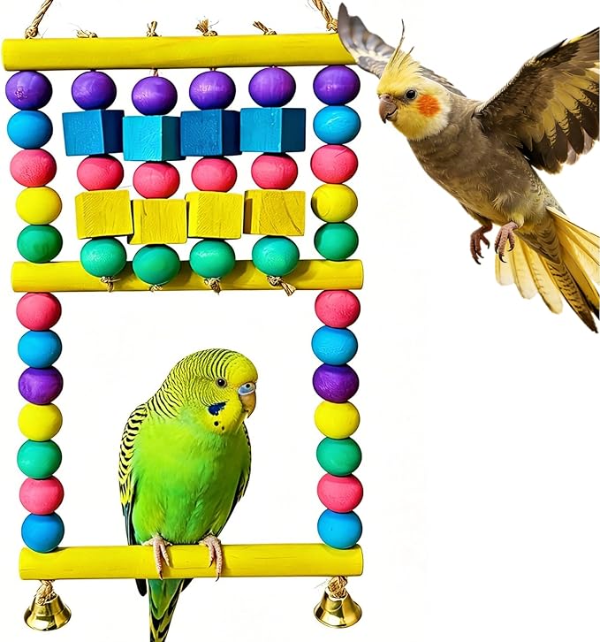 Bird Swing Toys - Dual-Layer Parrot Swing with Perch, Colorful Design with Colorful Wood Blocks, Natural Bird Toys, Bird Cage Accessories for Small & Medium Birds
