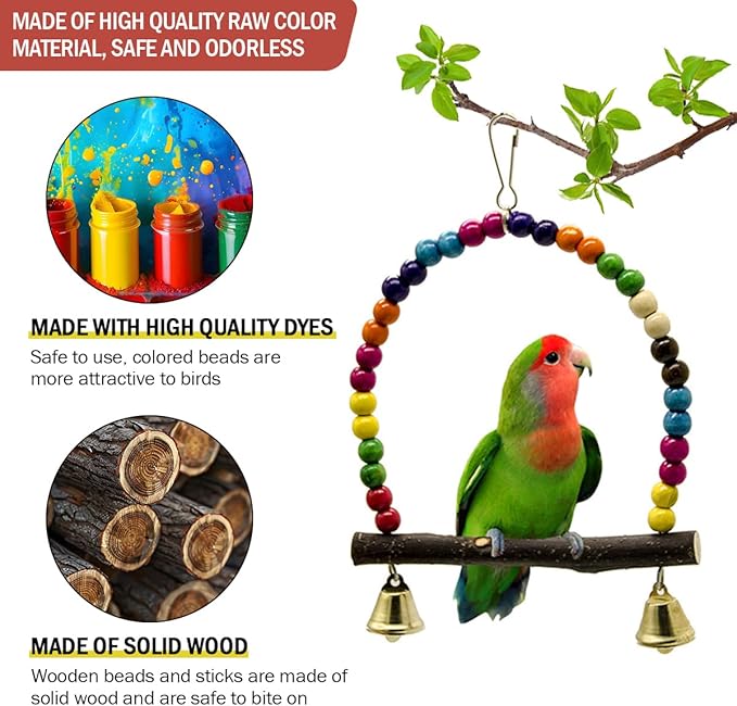 2 Pcs Wooden Bird Swing for Cockatiels Parakeets - Natural Wood Perch Hanging Toy with Colorful Beads Bell, Birdcage Climbing Accessories for Lovebirds Conures Budgies