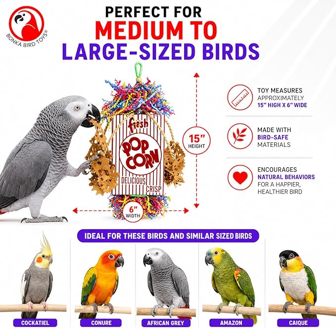 Bonka Bird Toys Popcorn Explosion Bird Toy 15" x 6" Foraging Shredding Toy for Small to Medium Birds Parakeets Cockatiels Conures Natural Paper Cardboard Hanging Cage Toy (Pack of 2)
