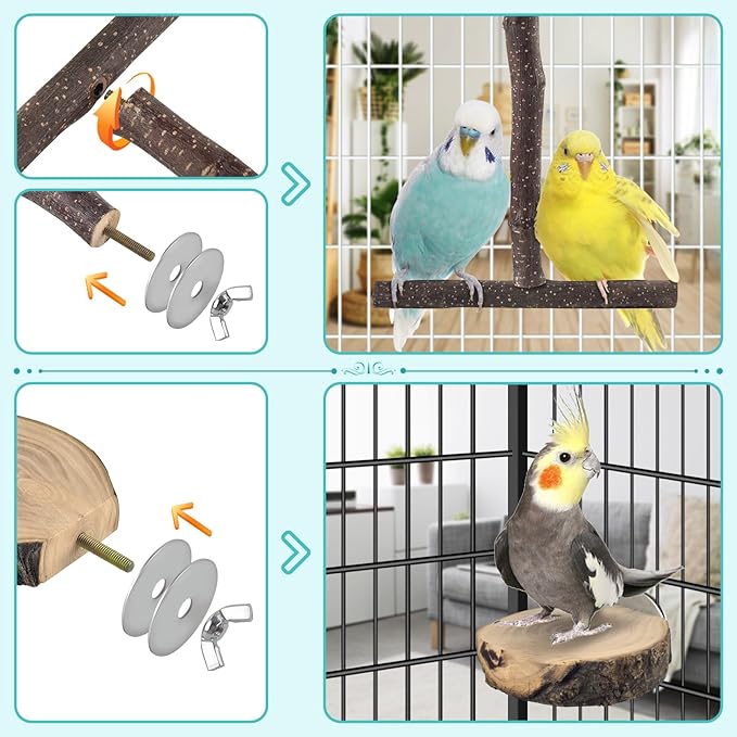 DBNESS Bird Perches, 6 Pcs Natural Wood Parrot Perch Stand Chew Toys, Hanging Multi-Branch Parrot Perch Platform Swing Toy Cage Accessories for Small Parakeets, Budgies, Lovebirds, Canaries, Finches