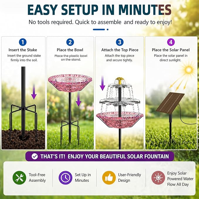 Bird Bath Fountain Solar for Outside, Outdoor Water Fountain Plastic, Attracts Birds with Cascading Spray for Yard & Patio (Pink(XL))