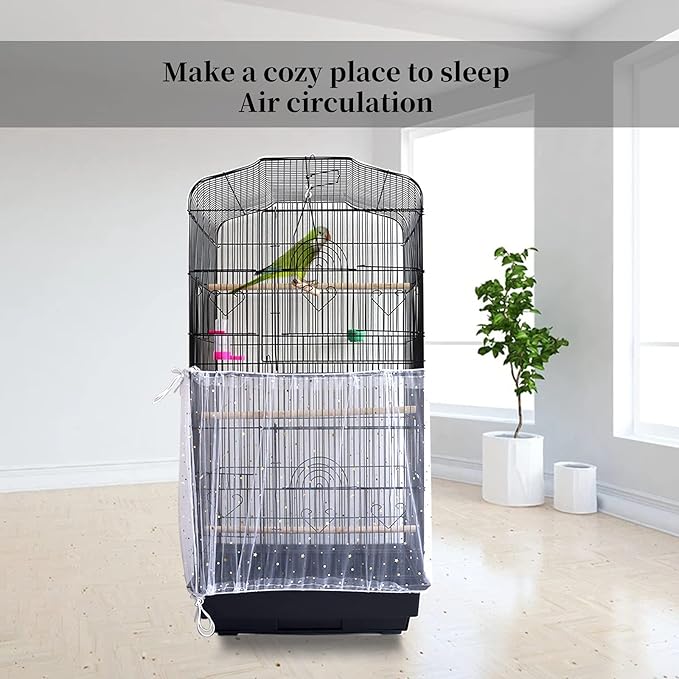 Daoeny 2Pcs Adjustable Bird Cage Cover, Upgraded Airy Nylon Mesh Parrot Net with Sequins, Universal Seed Feather Catcher, Soft Birdcage Cover Skirt Sheer Guard for Parakeet Macaw Round Square Cages